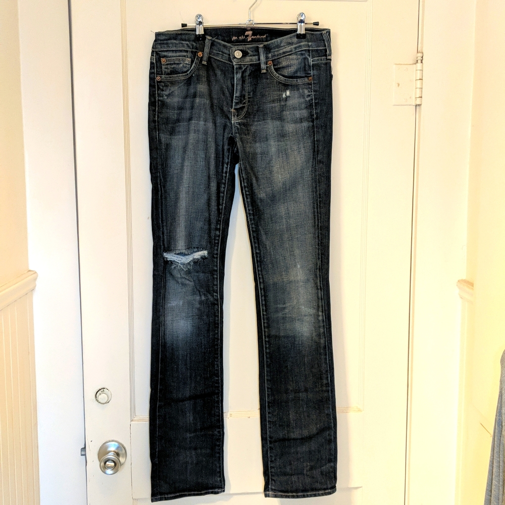 7 for All Mankind Straight leg distressed jeans, dark blue, size 29.